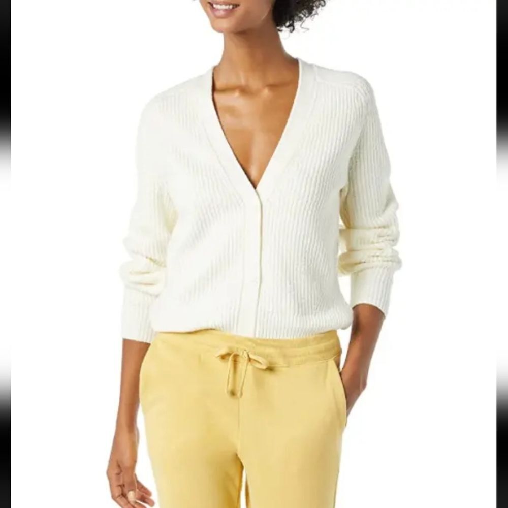 Amazon Essentials Women's NWT Ivory Ribbed V-Neck Cardigan Sweater Size Medium